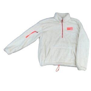 NEW Balance Cream 1/2 Zip Teddy Hoodie Pink accents Kangaroo Pocket Large